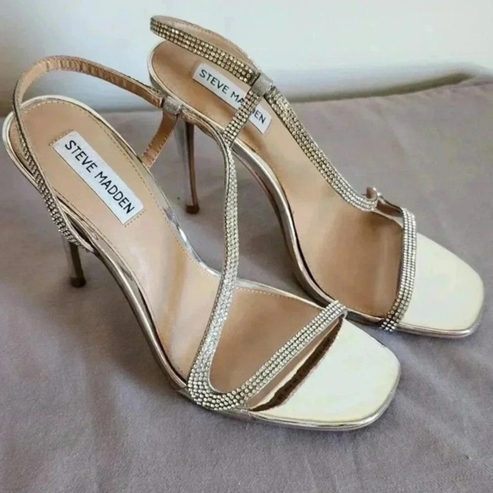 Steve Madden Noelle Silver Rhinestone Square Toe Stiletto Heels Sandals 8.5
